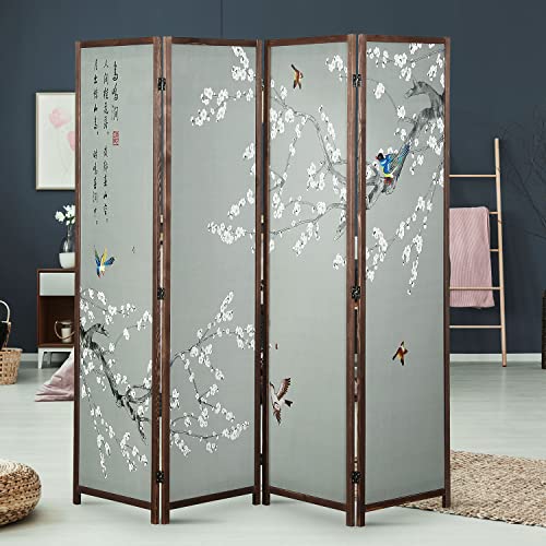 4-Panel Folding Room Divider with Brown Wooden Frame F21468
