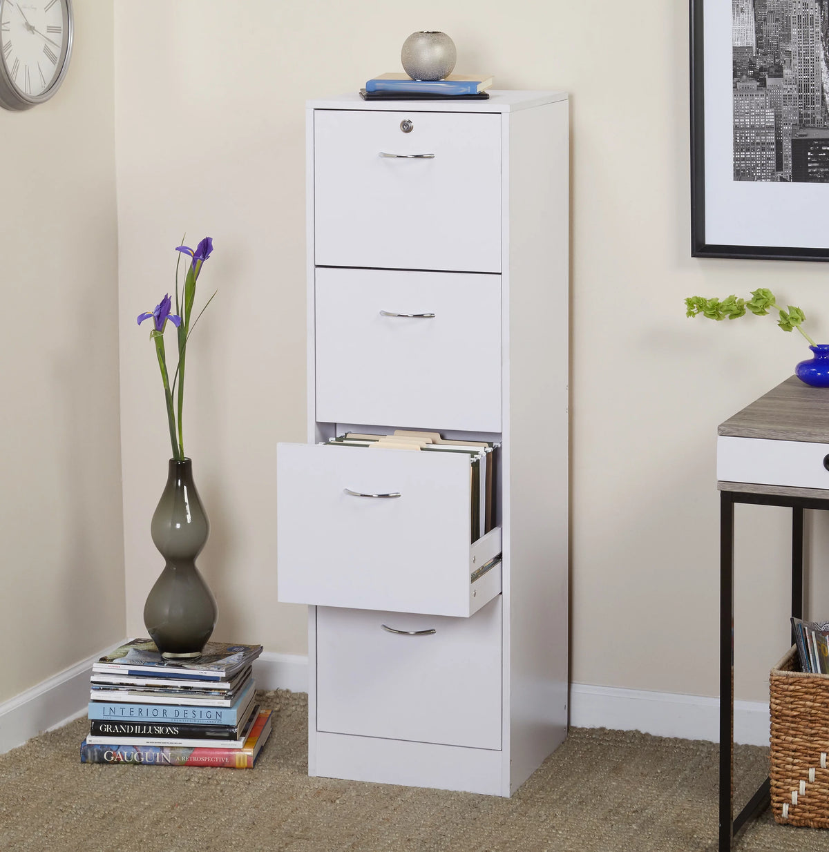 White 4 Drawer Wood Lockable Filing Cabinet D69224
