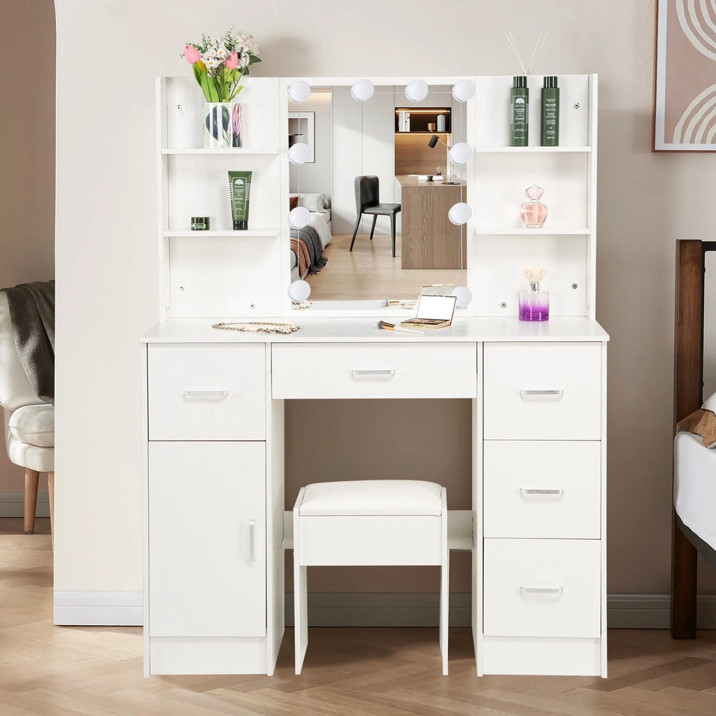 White Makeup Vanity Set with Mirror and Lights K626883