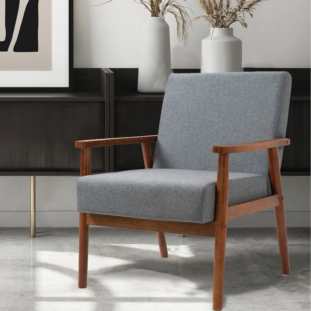 Mid-century Modern Solid Wood Brown Faux Leather Armchair M2497