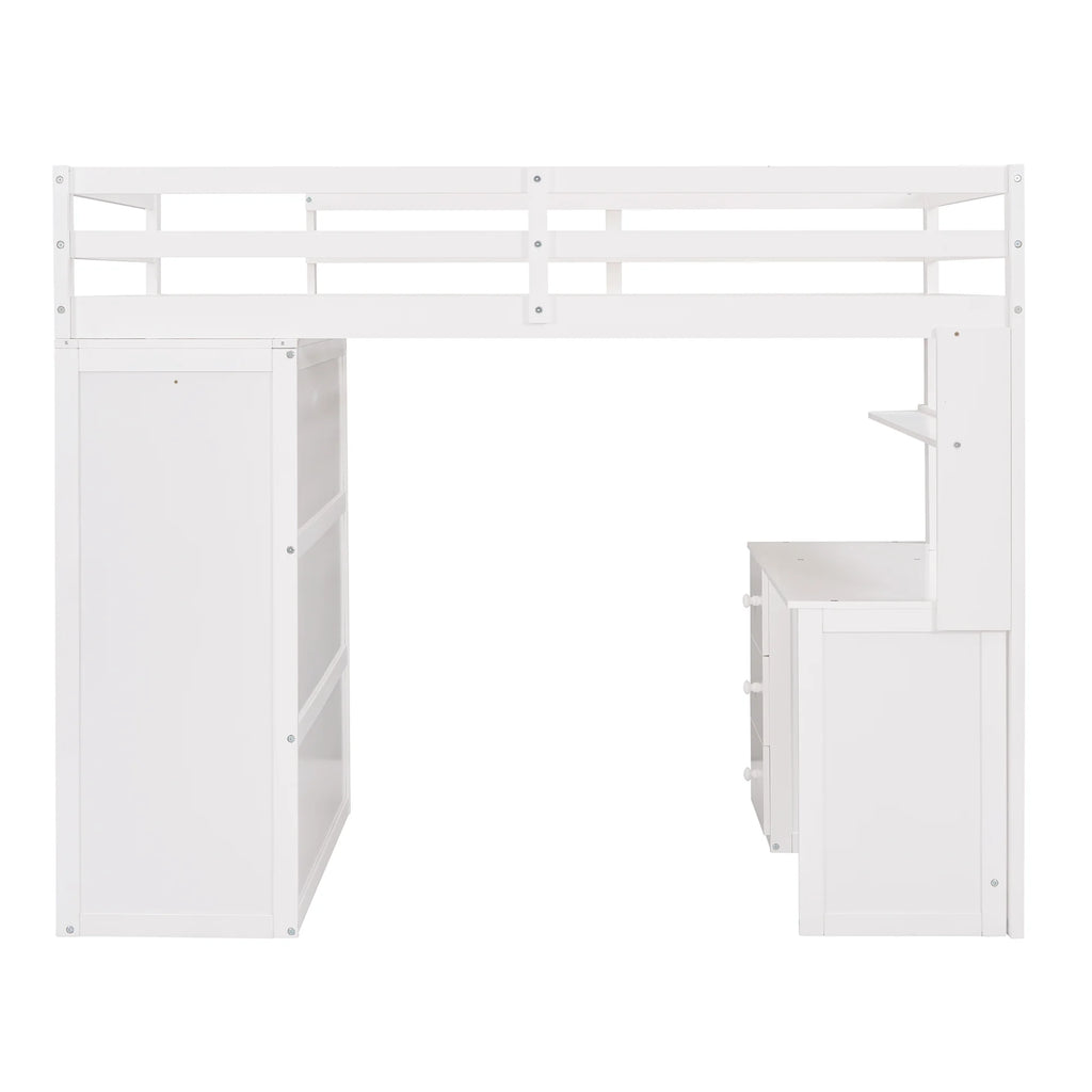 White Twin Size Wooden Loft Bed with Drawers, Desk, Wardrobe, Ladder & Safety Rails Z5715