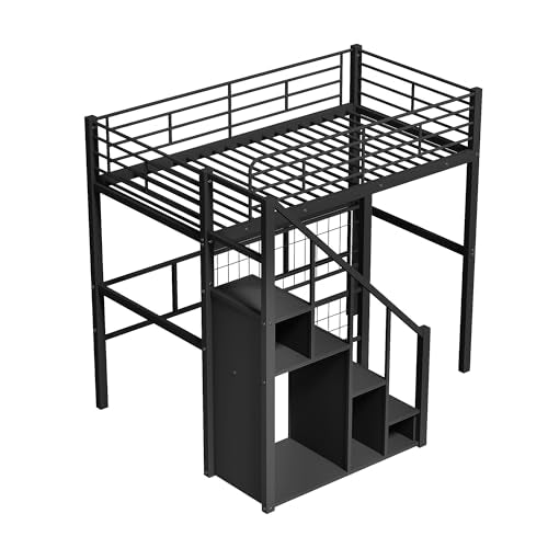Full Size Black Metal Loft Bed with Desk and Wardrobe J370