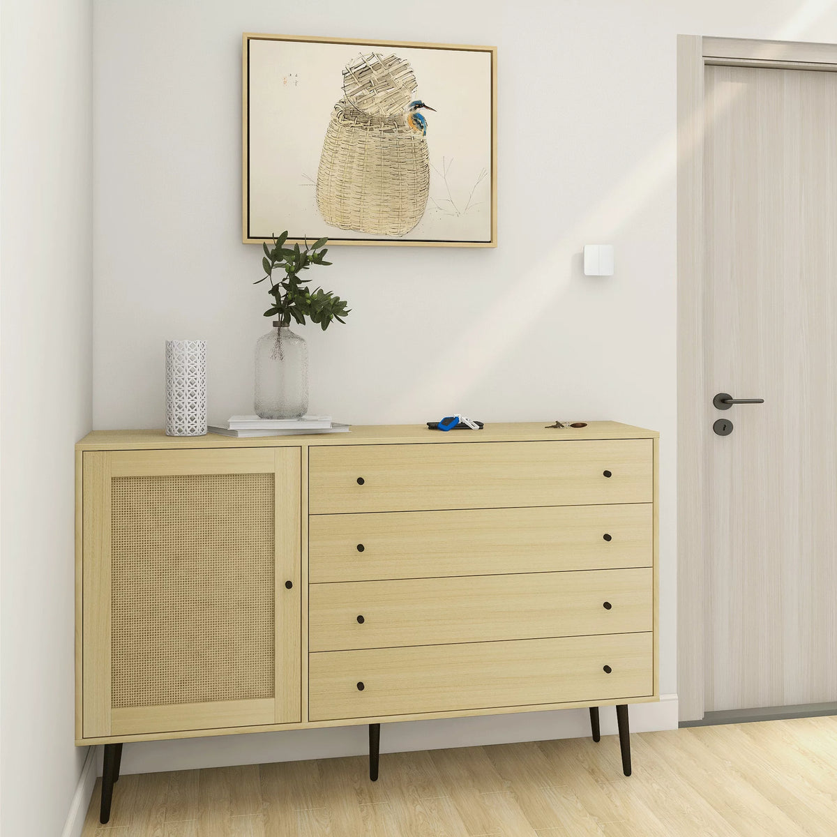Natural Wood Storage Cabinet with Door and 4 Drawers R7972