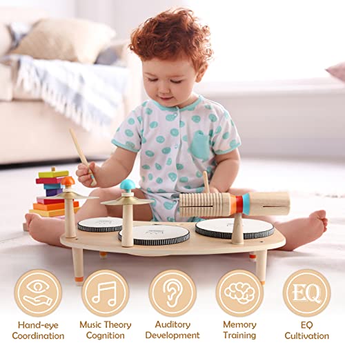 9 in 1 Wooden Musical Instruments Drum Set with Xylophone O976203