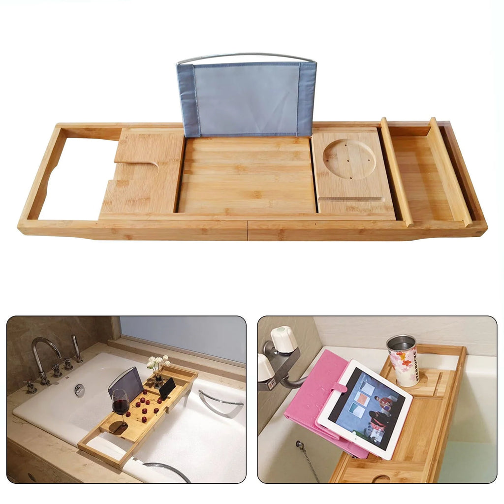 Expandable Bamboo Bathtub Caddy Tray with Wine Glass Holder L587