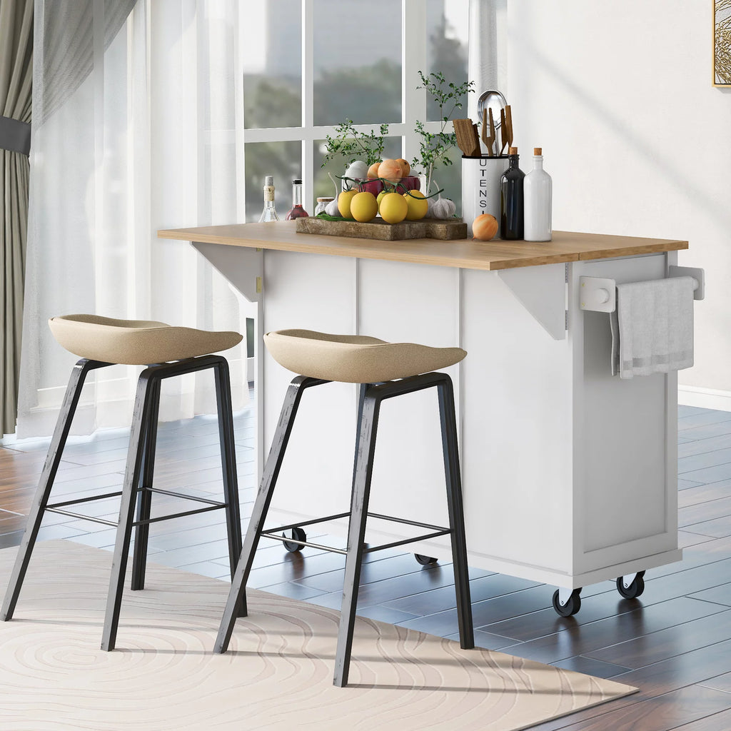 White Kitchen Island with Storage, Drop Leaf, 3 Drawers A977445