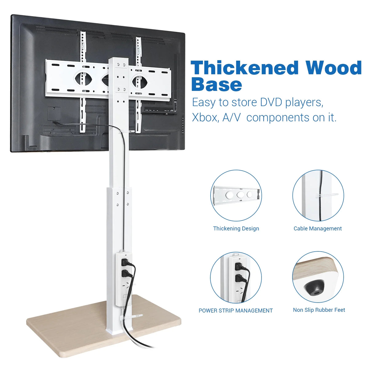 Floor TV Stand with Mount Swivel for 50 to 75 inch Flat TVs Wood Base, White Shelf A6067