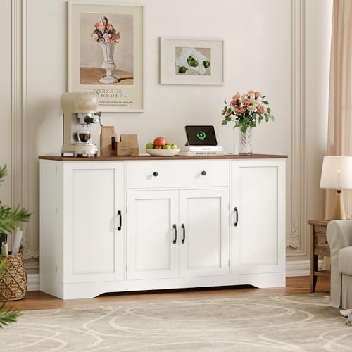 White Buffet Cabinet with Charging Station and Adjustable Shelves E98756