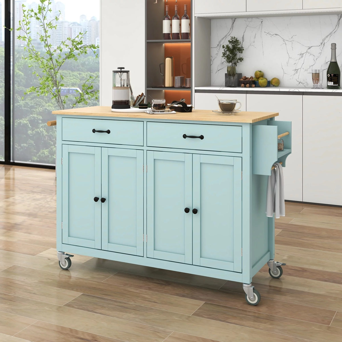 2-Drawer Rolling Kitchen Island Cart with Solid Wood Top & Door Cabinets Mint Green Y654