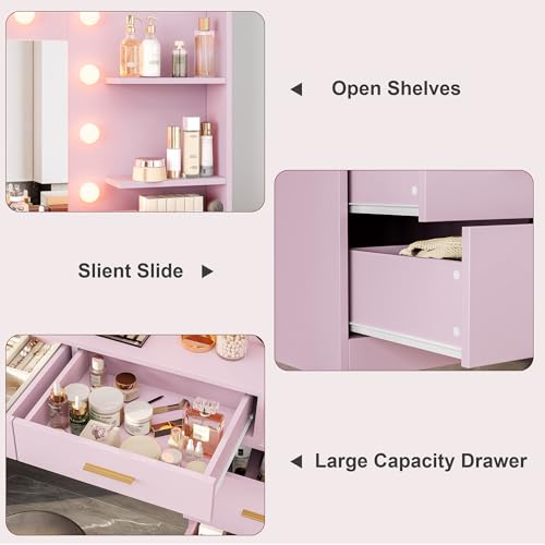 Black Vanity Desk with Mirror and Lights, 8 Storage Drawers U307