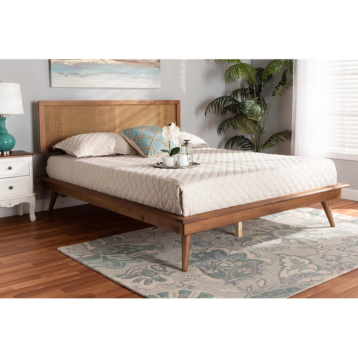 Walnut Brown Wood and Synthetic Rattan Full Size Platform Bed L115