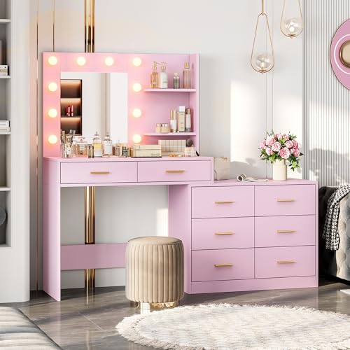 Black Vanity Desk with Mirror and Lights, 8 Storage Drawers U307