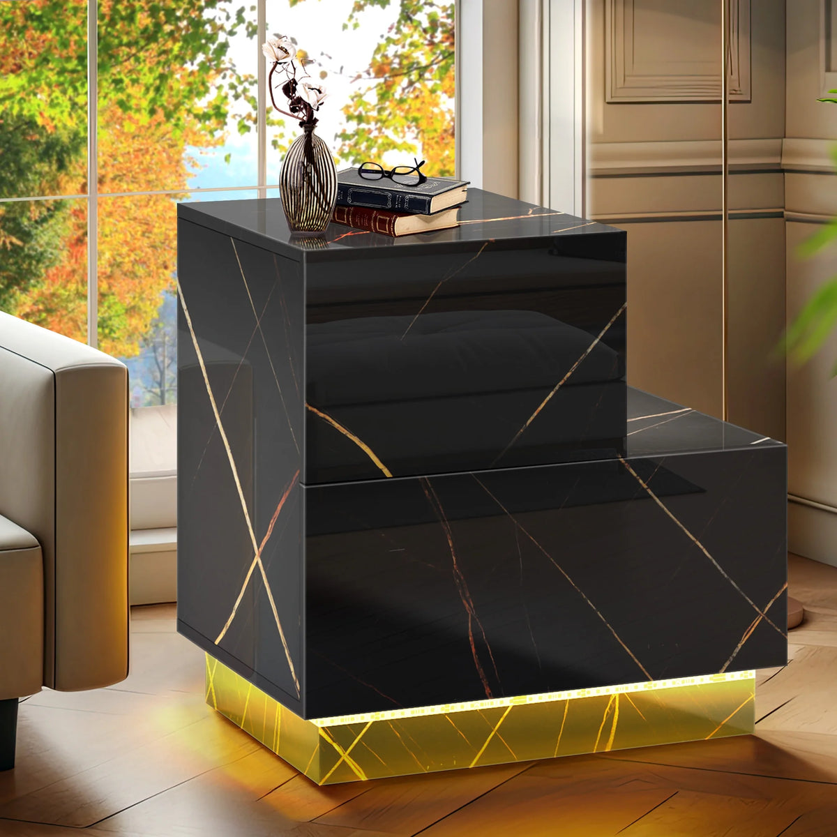 Set of 2 LED Nightstand with 2 Drawers S866