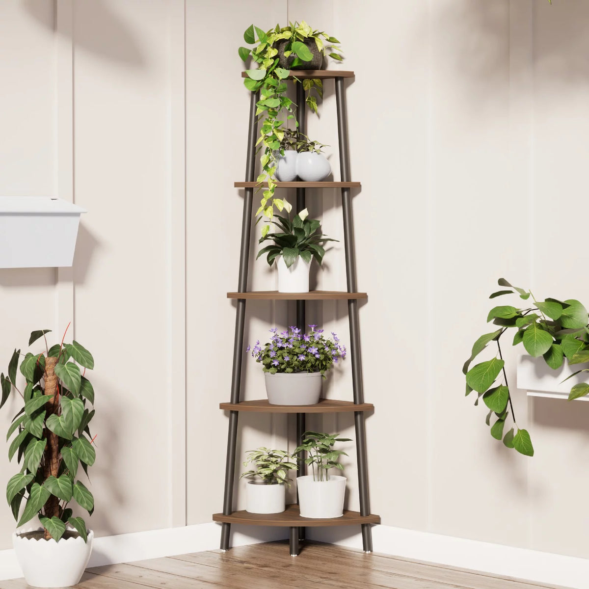5 Tier Wood and Metal Corner Bookshelf D2042