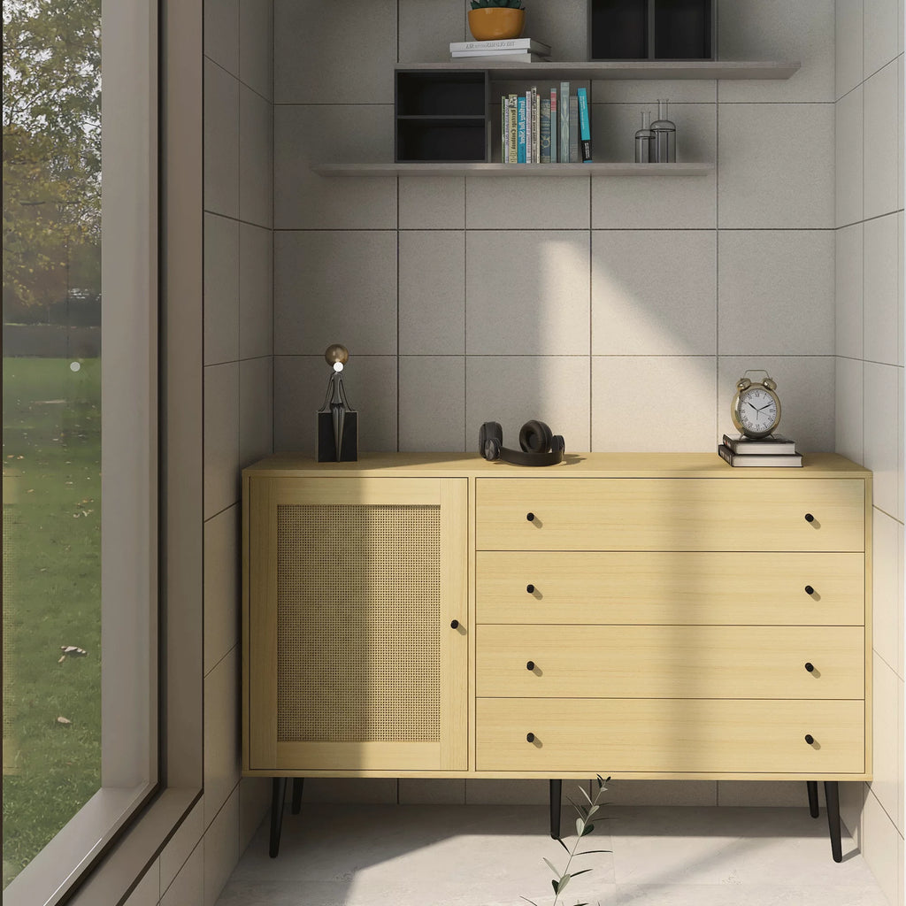 Natural Wood Storage Cabinet with Door and 4 Drawers R7972
