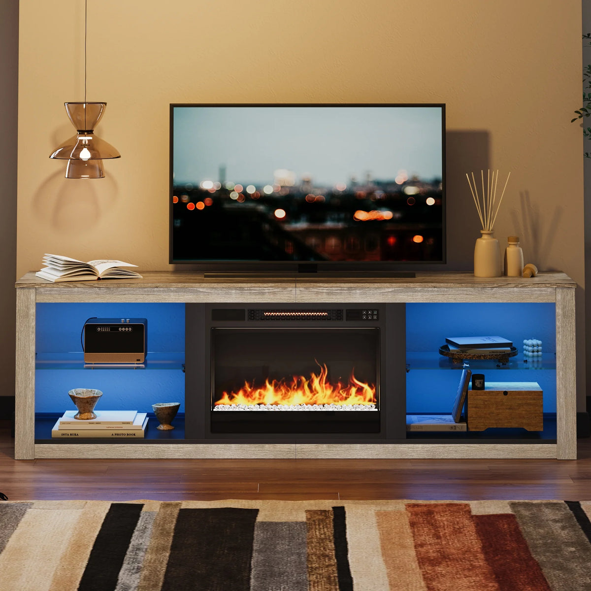 Wash White+Grey Electric Fireplace TV Stand Q559758