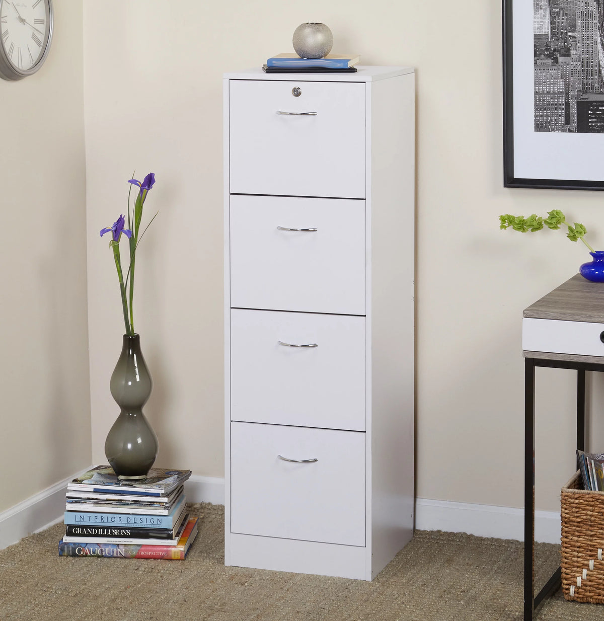 White 4 Drawer Wood Lockable Filing Cabinet D69224