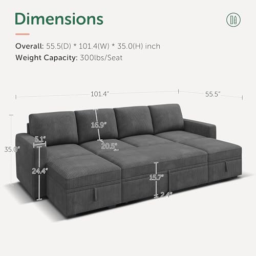 Dark Grey Corduroy L Shaped Sleeper Sofa with Pull Out Bed M174