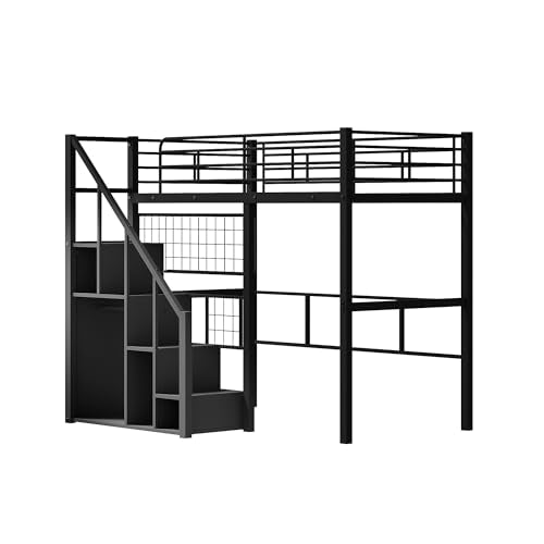 Full Size Black Metal Loft Bed with Desk and Wardrobe J370