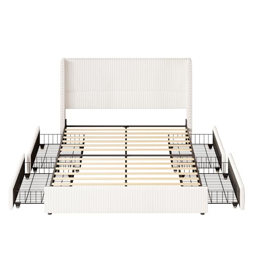 King Size White Corduroy Upholstered Platform Bed Frame with 4 Storage Drawers H610289