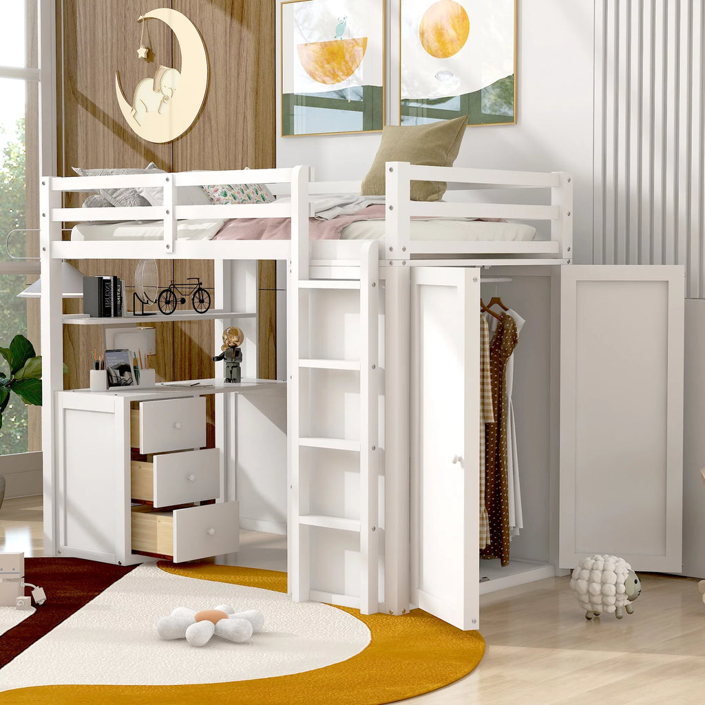 White Twin Size Wooden Loft Bed with Drawers, Desk, Wardrobe, Ladder & Safety Rails Z5715