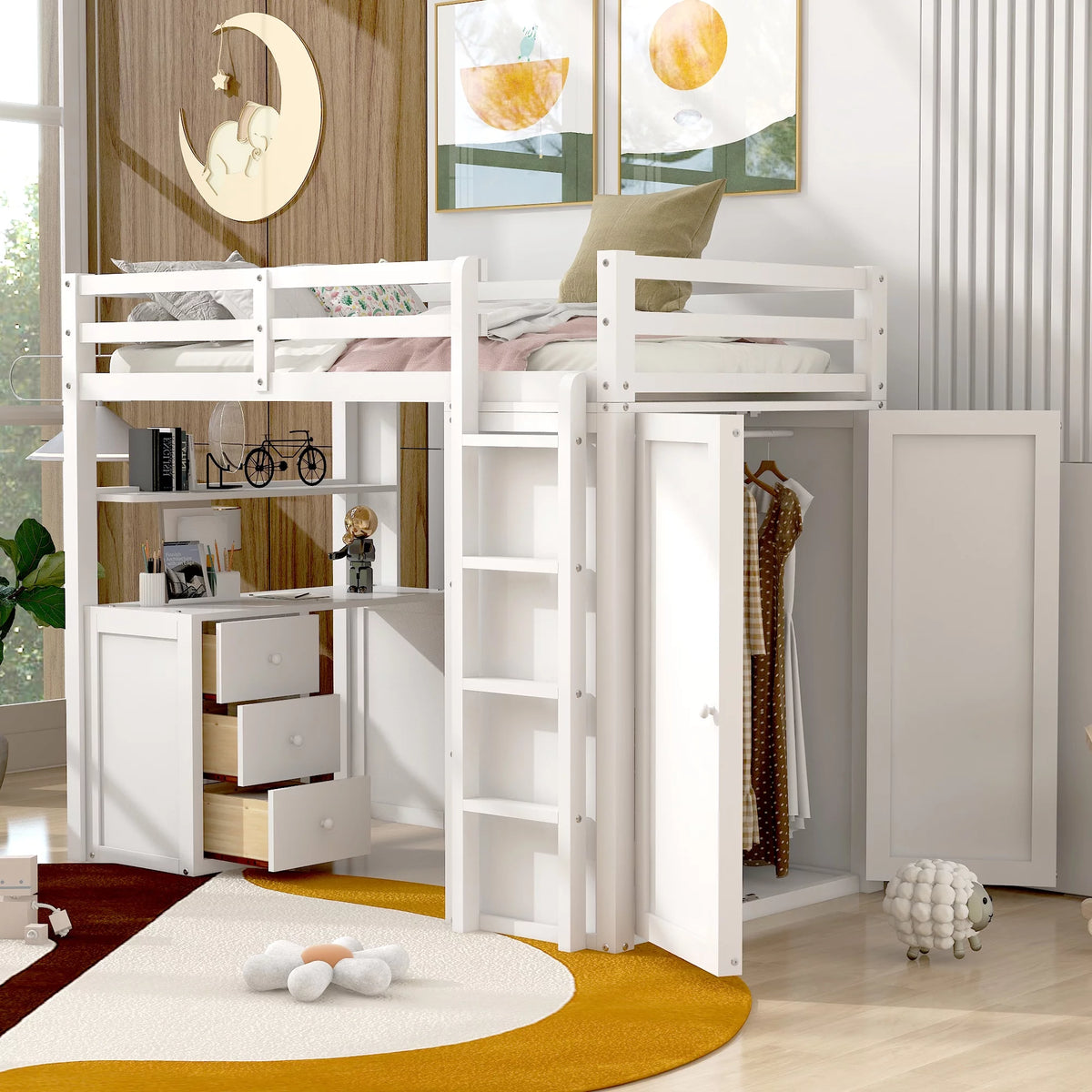 White Twin Size Wooden Loft Bed with Drawers, Desk, Wardrobe, Ladder & Safety Rails Z5715