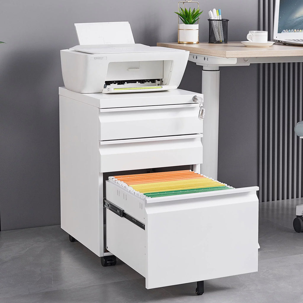 3 Drawer White Mobile File Cabinet with Lock W51841