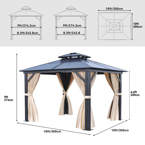 10x10ft Double Roof Polycarbonate Hardtop Gazebo with Netting and Curtains Y5717