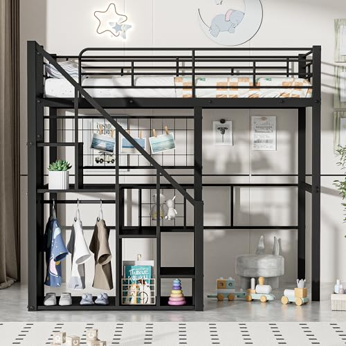 Full Size Black Metal Loft Bed with Desk and Wardrobe J370