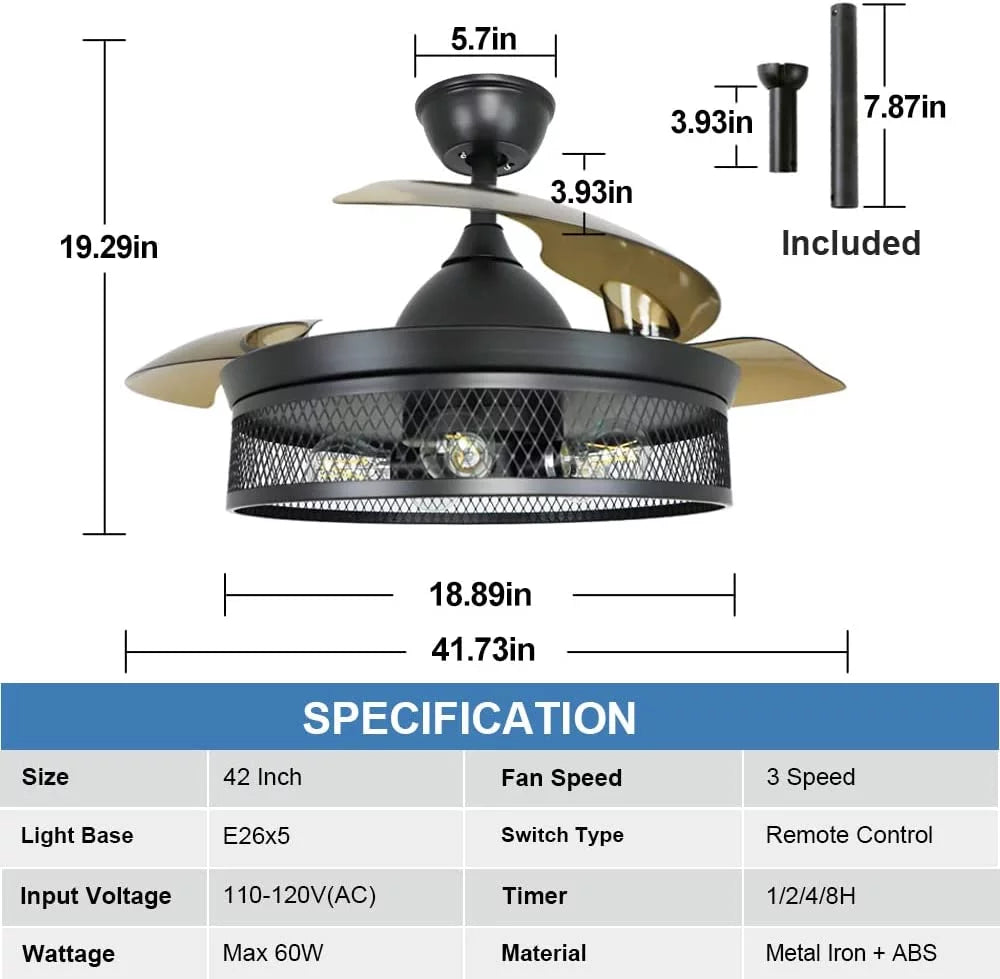 42" Invisible Ceiling Fan with Light and Remote A743