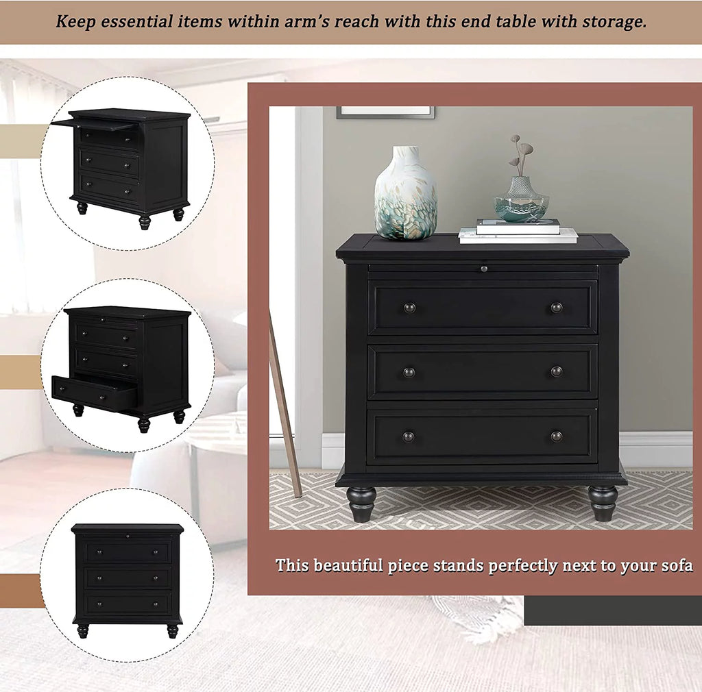 Black 3 Drawer Pine Wood Dresser B32807