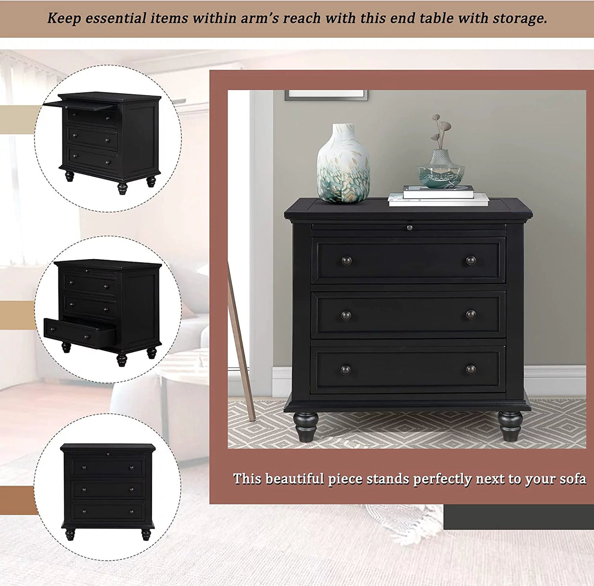 Black 3 Drawer Pine Wood Dresser B32807