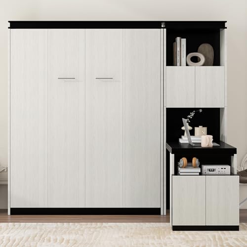 Queen Size White Murphy Bed with Drawers and Shelves P821