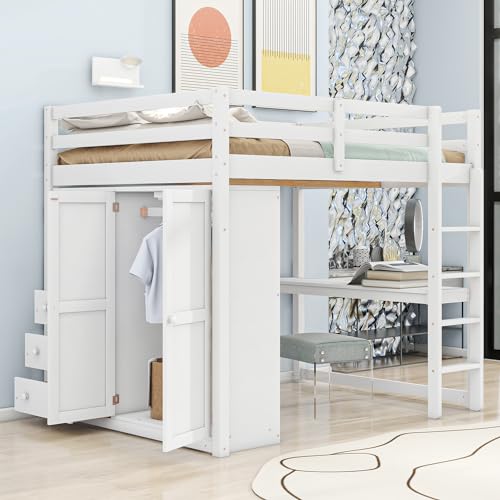 Full Size White Wood Loft Bed Frame with Desk, Wardrobe, Storage Shelves and Drawers P8318