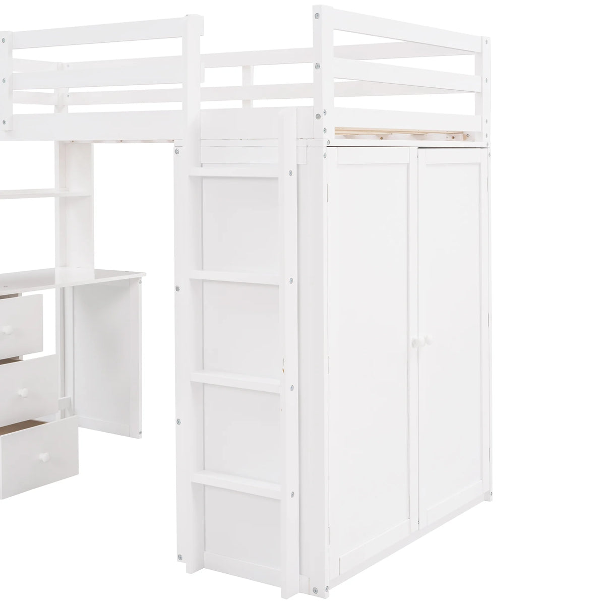 White Twin Size Wooden Loft Bed with Drawers, Desk, Wardrobe, Ladder & Safety Rails Z5715
