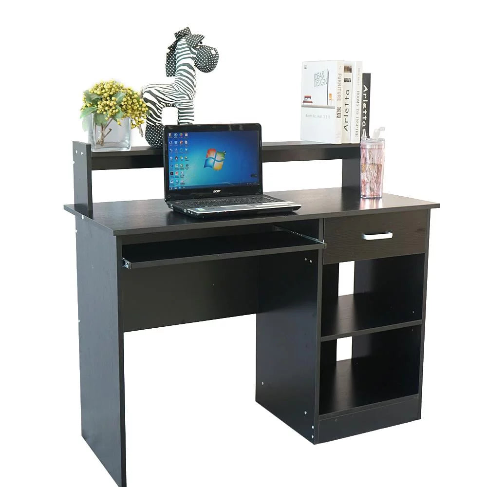 Black Wood Computer Desk with Drawer and Keyboard Tray Q304