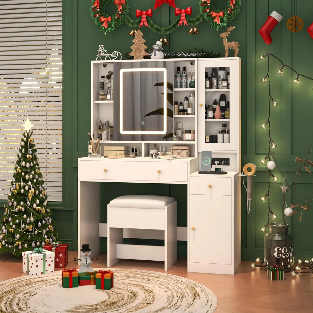 White Vanity Desk with Sliding Mirror and Lights M296920