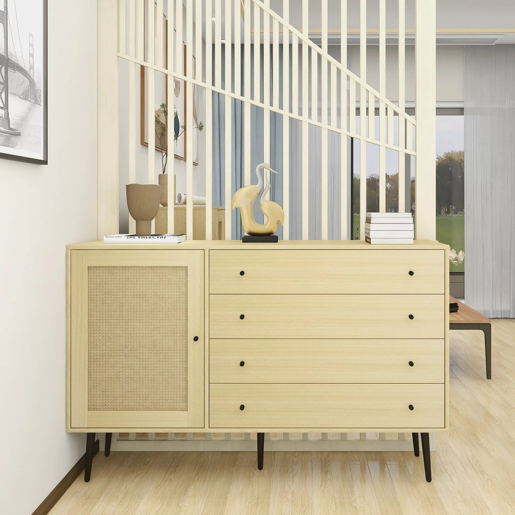 Natural Wood Storage Cabinet with Door and 4 Drawers R7972