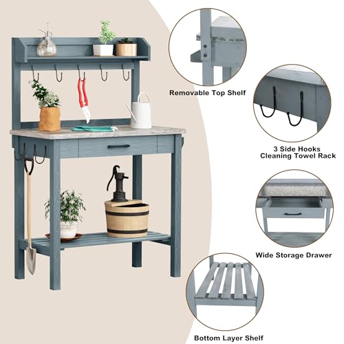 Outdoor Potting Bench Table with Storage Drawer and Removable Shelf Rack G4151