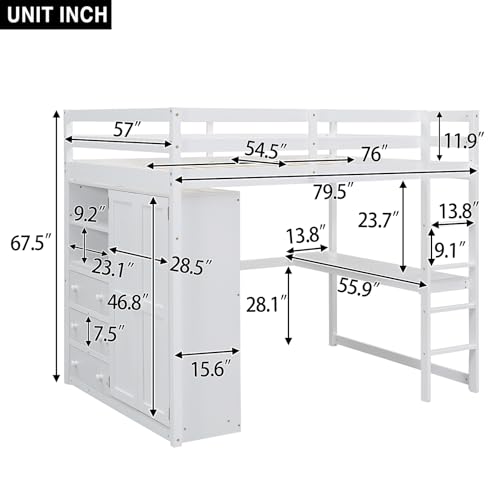 Full Size White Wood Loft Bed Frame with Desk, Wardrobe, Storage Shelves and Drawers P8318