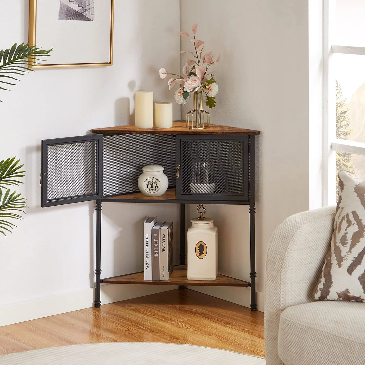 Brown 3-Tier Corner Shelf with Storage Cabinet A789568