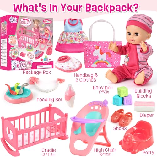 12in Baby Doll Crib and High Chair Set with 20pcs Accessories X705