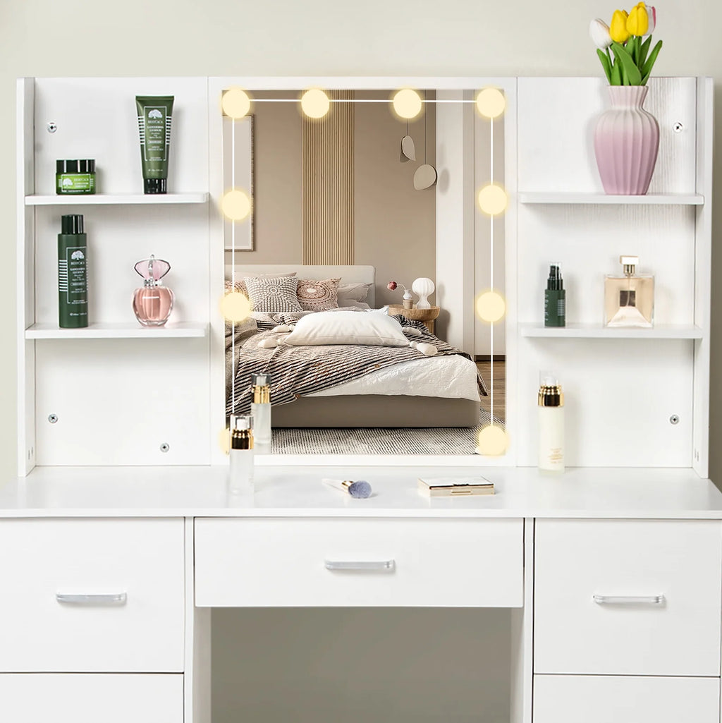 White Makeup Vanity Set with Mirror and Lights K626883