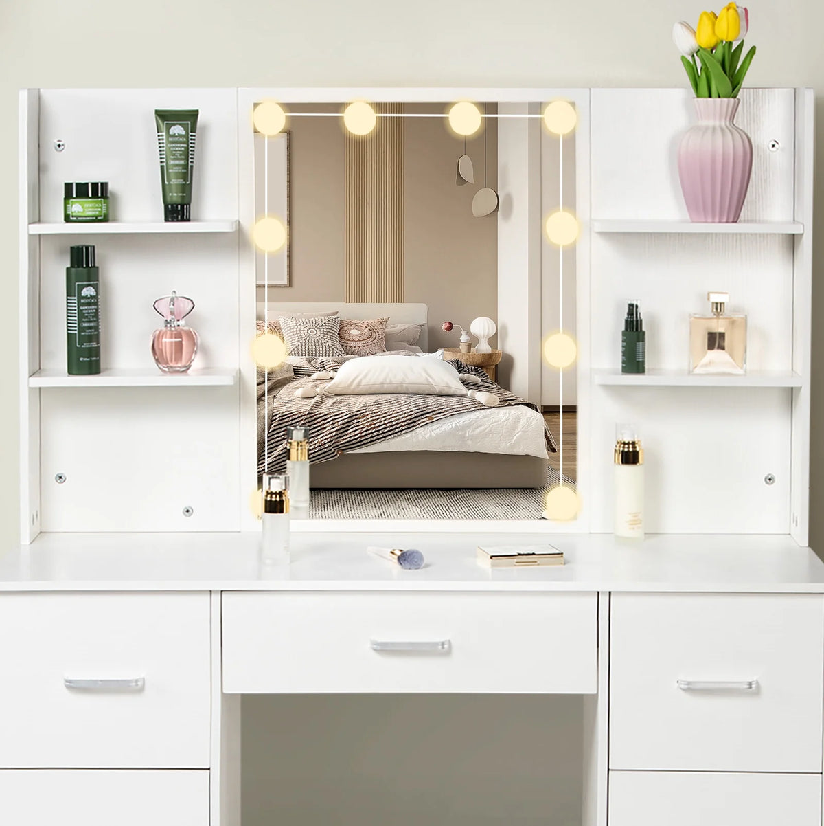 White Makeup Vanity Set with Mirror and Lights K626883