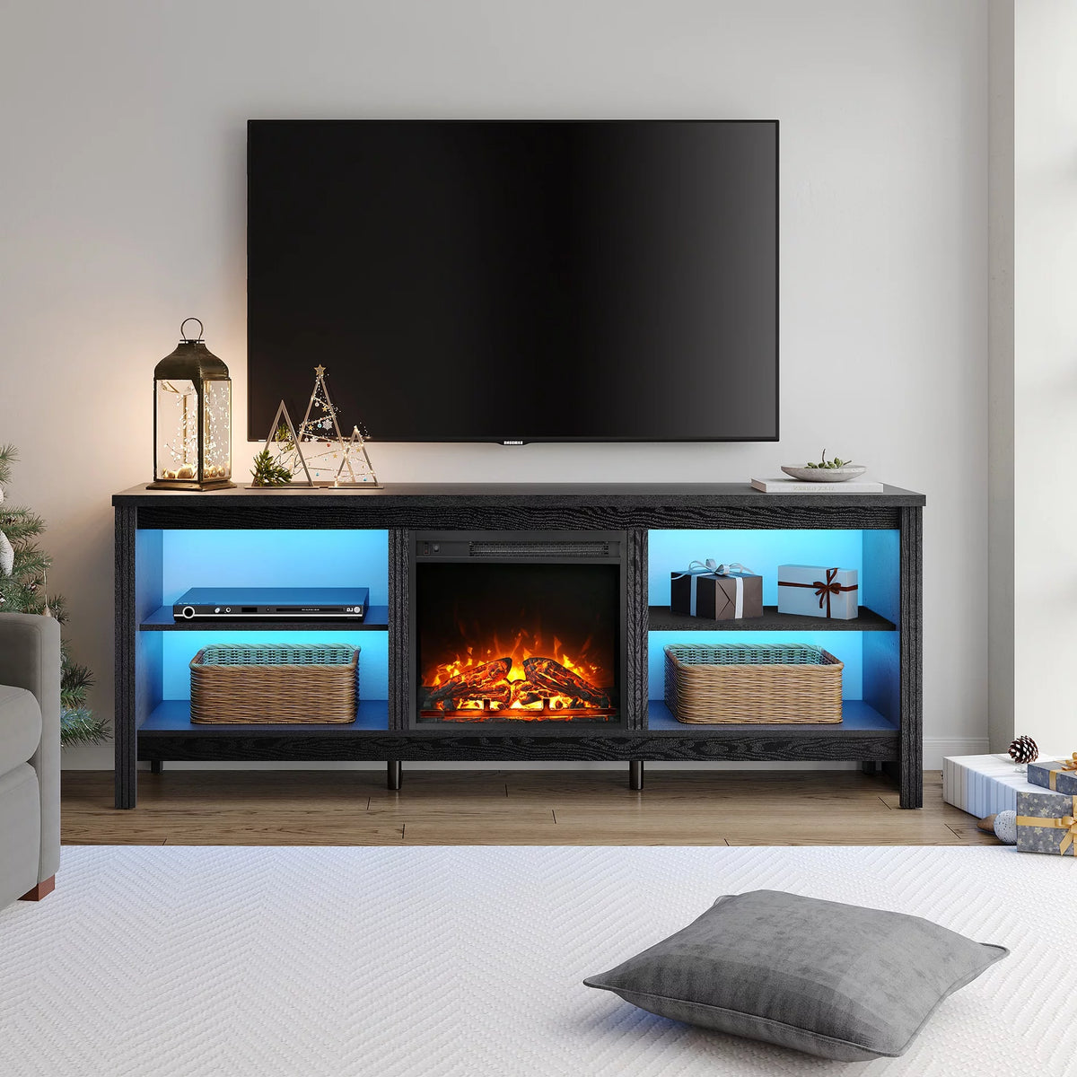 Black 70 inch Fireplace TV Stand L175
