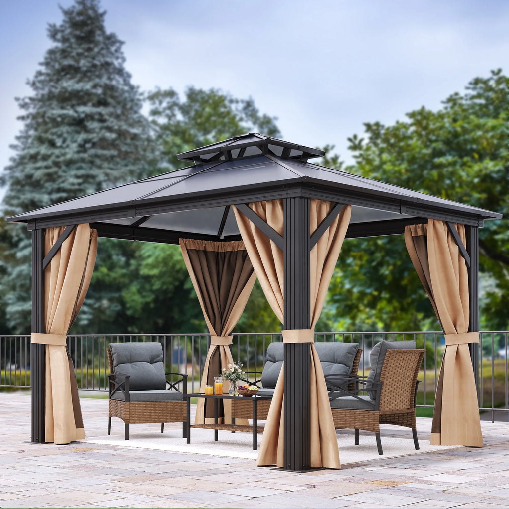 10x10ft Double Roof Polycarbonate Hardtop Gazebo with Netting and Curtains Y5717