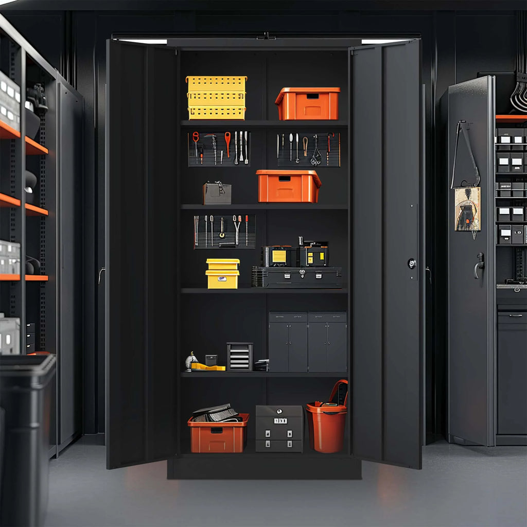 Black Metal Locking Storage Cabinet with 4 Shelves H8216