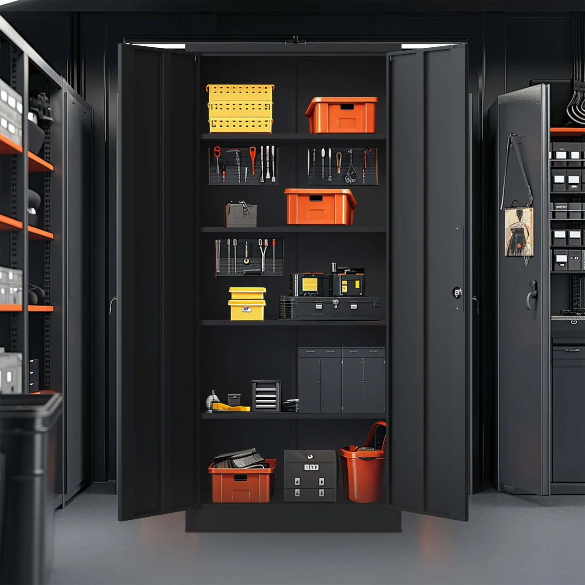 Black Metal Locking Storage Cabinet with 4 Shelves H8216