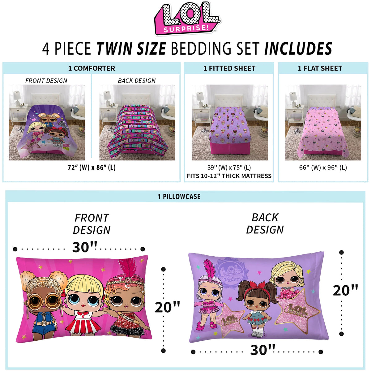 Kids Twin Bed in a Bag, Comforter and Sheets, Purple and Pink Y56080