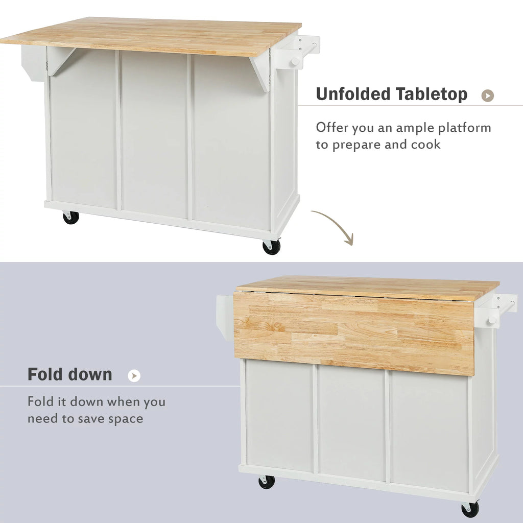 White Kitchen Island with Storage, Drop Leaf, 3 Drawers A977445